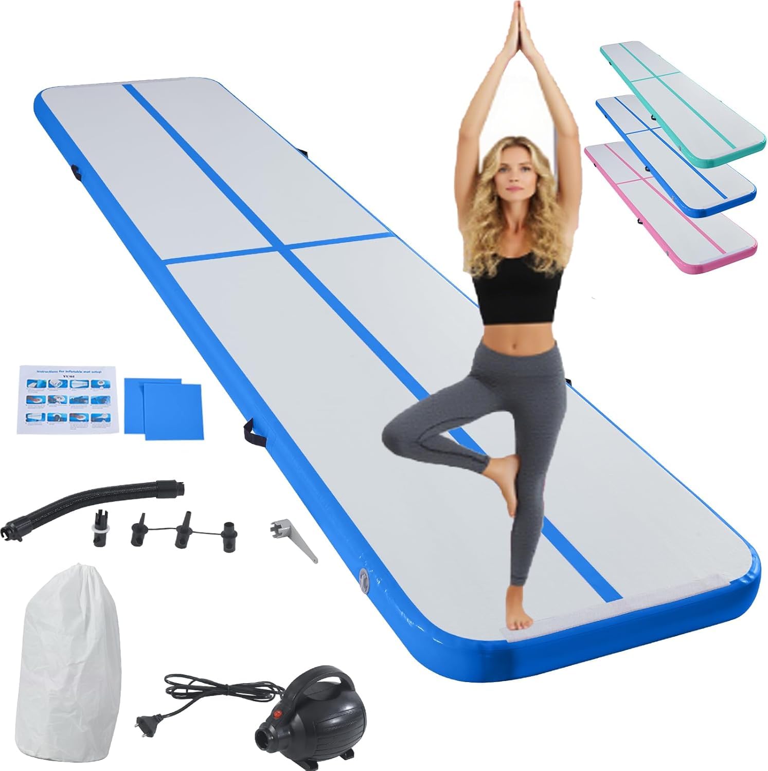 LSLIFE Air Gymnastics Track Inflatable Tumble Track Mat, 10ft 13ft 16ft 20ft Air Tumbling Mat with Air Pump Gym Tumbling Floor Mats for Home Use/Cheerleading (Blue, โ20ft*3.3ft*4in(600x100x10cm))