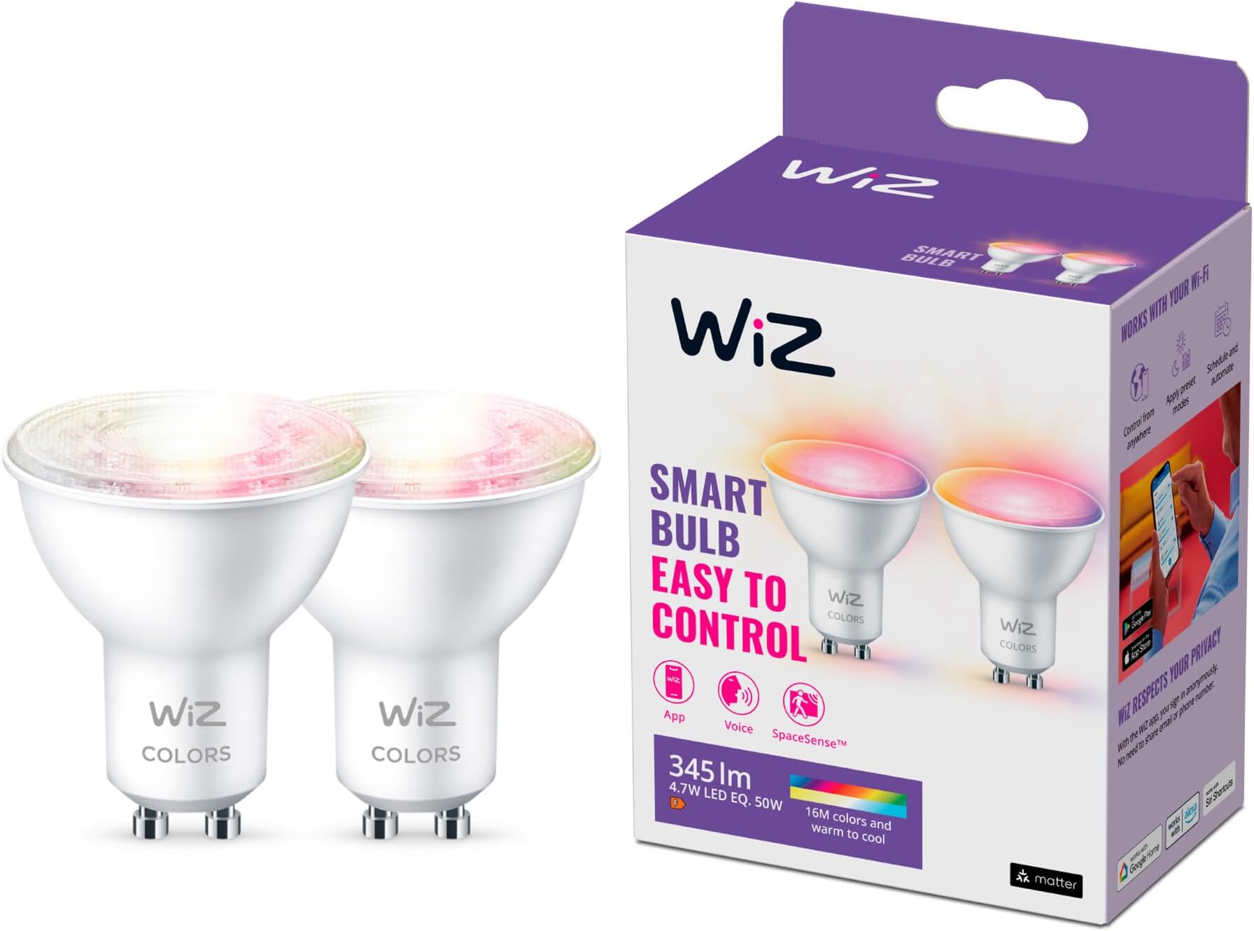 Colour [GU10 Spot] Smart Connected WiFi Light Bulb 2 Pack. 60W Colour and White Light, App Control for Home Indoor Lighting, Livingroom, Bedroom.