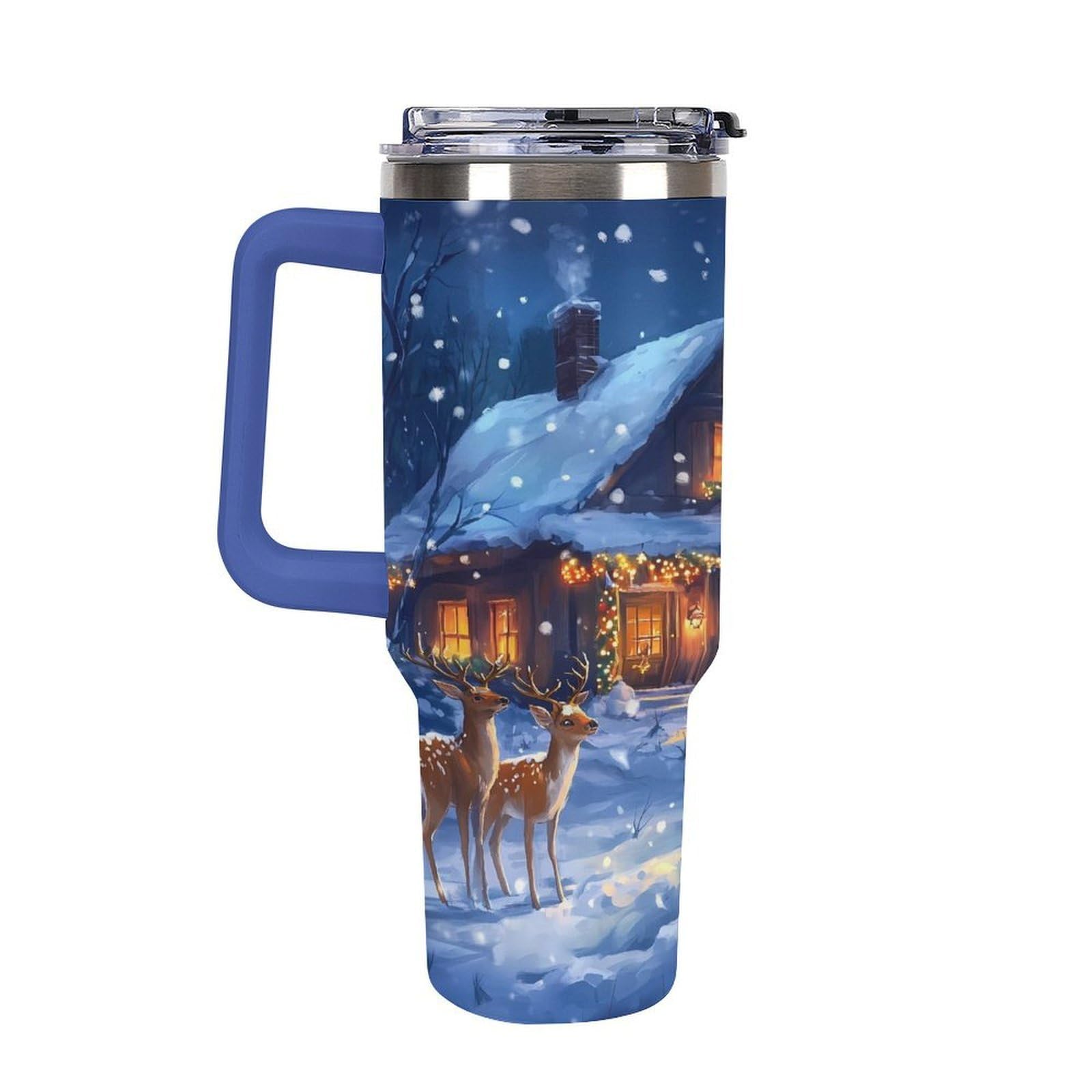 Becher mit Henkel, Motiv: Weihnachtshirsch, Schneeschnee, 1,2 l, Reise-Kaffeebecher, große Kapazität, Autobecher, Wasserflasche