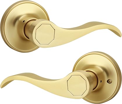 Brushed Gold Wave Style Passage Door Handle Without Keys, Non-Locking Door Lever for Hallway/Closet in Satin Brass Finish, No Lock Reversible Lever for Left/Right Doors
