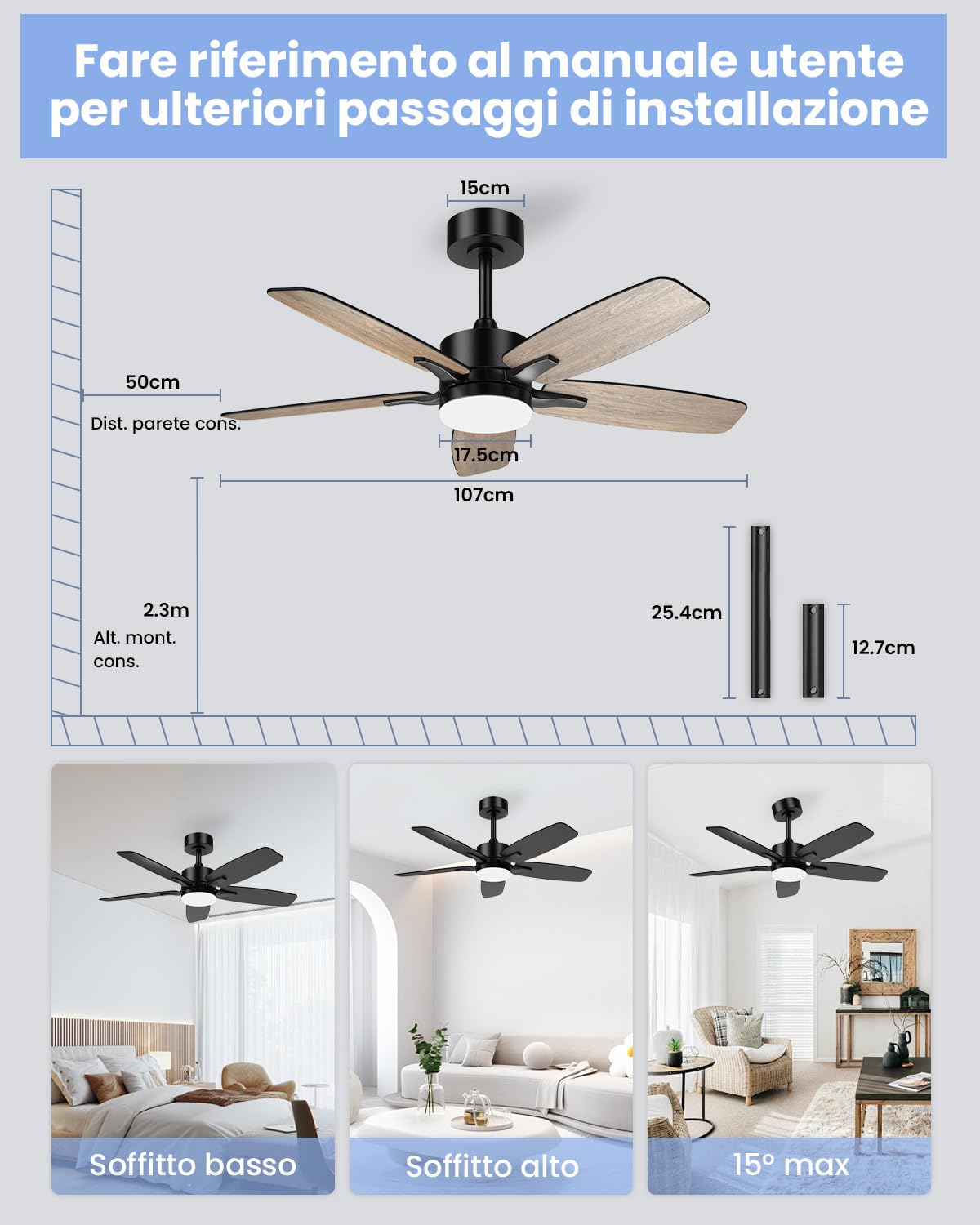 Ventilatore da Soffitto con Luce e Telecomando Silenzioso, 106cm Dimmerabile Lampada Ventilatore da Soffitto con 5 Pale Doppie, Effetto Legno/Nero per Camera da Letto, Soggiorno