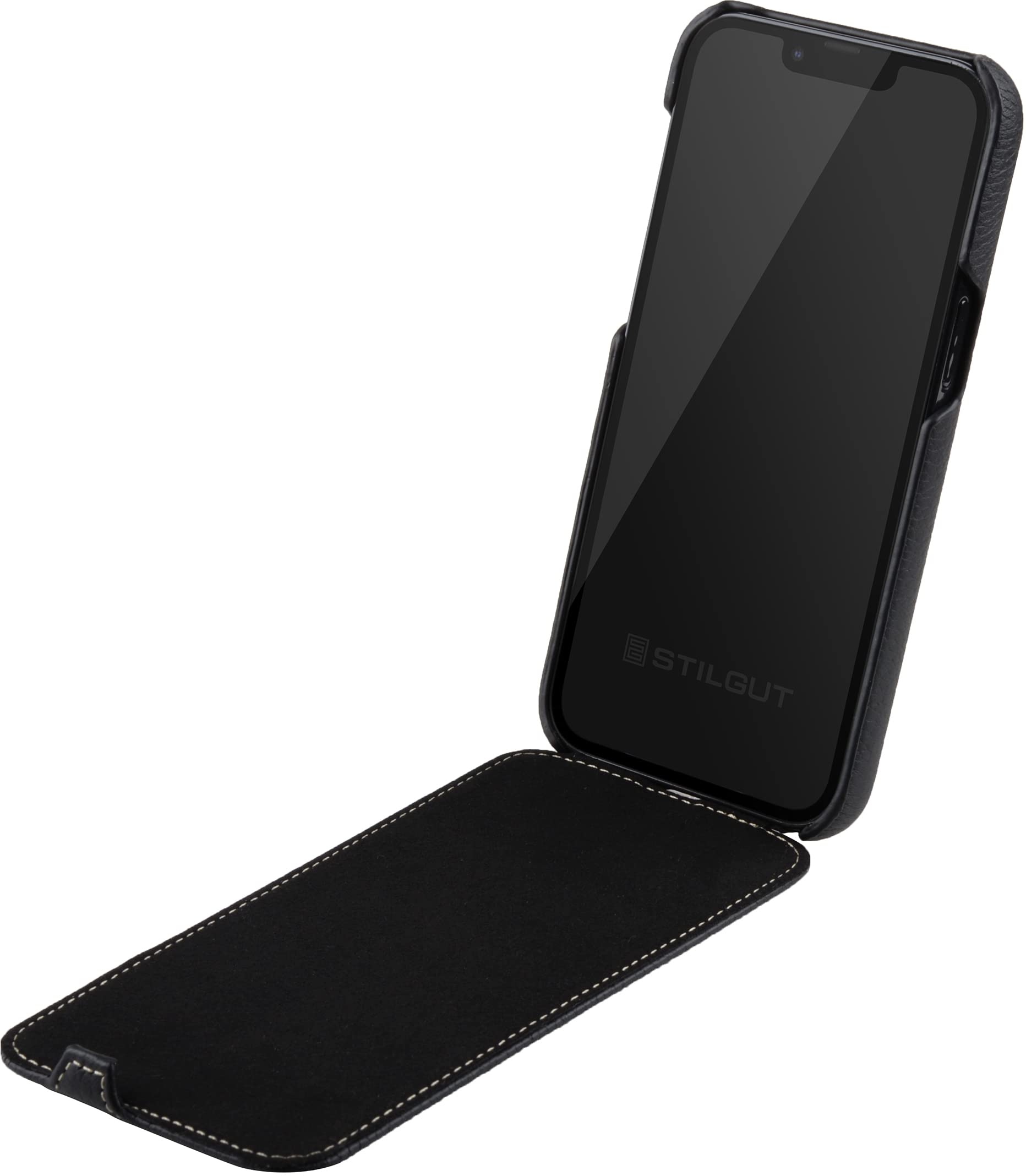 STILGUT Book Case Lederhülle Für IPhone 14 (6.1") - Klapphülle Mit Blickschutz, Handarbeit, Wireless Charging Kompatibel - Schwarz