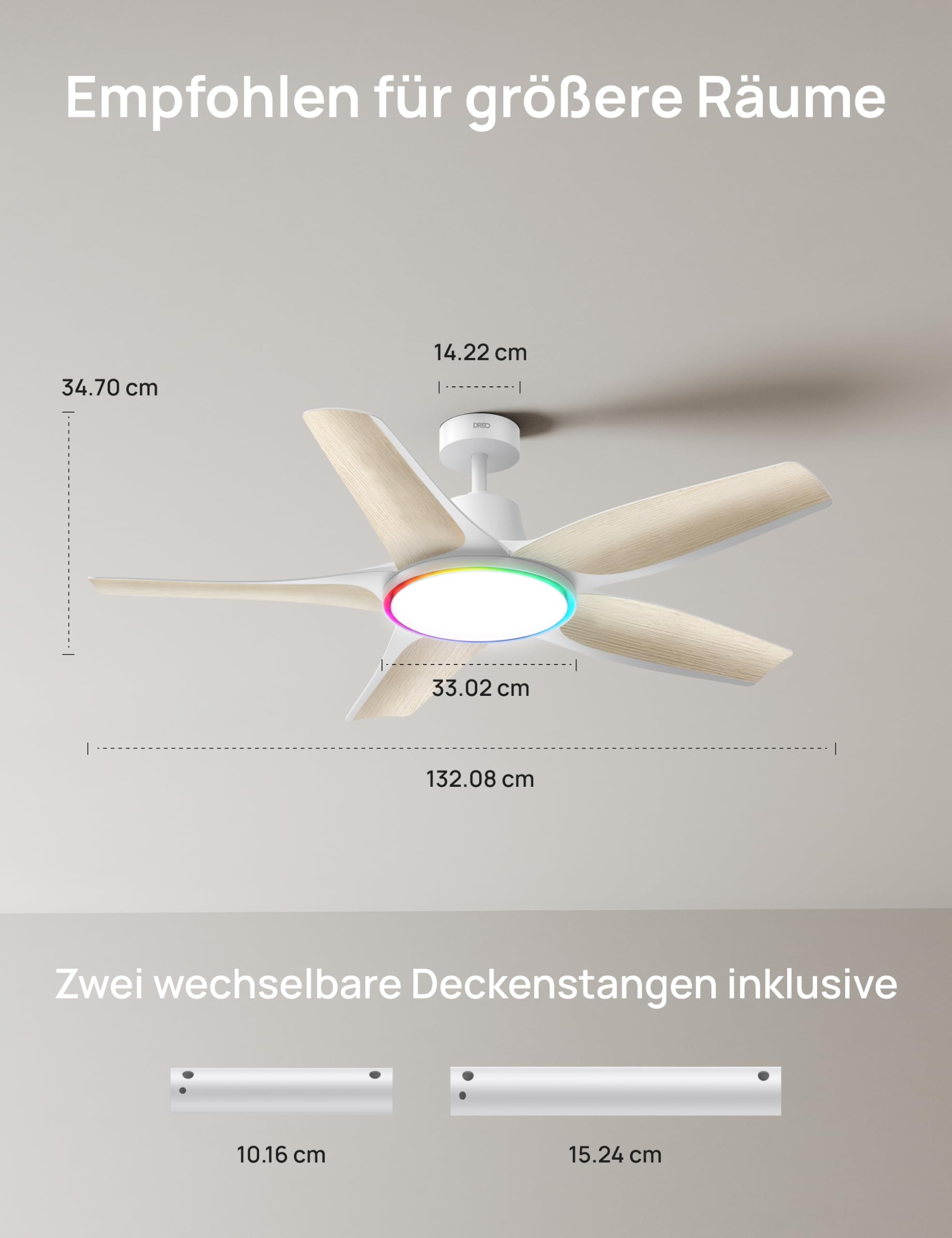 DREO Smarter Low-Profile-Deckenventilator mit Licht, 132 cm, dimmbare LED mit einstellbarer Farbtemperatur, RGB-Ambientlicht, leiser DC-Motor, einfache Montage, App- & Alexa-Steuerung, weiß