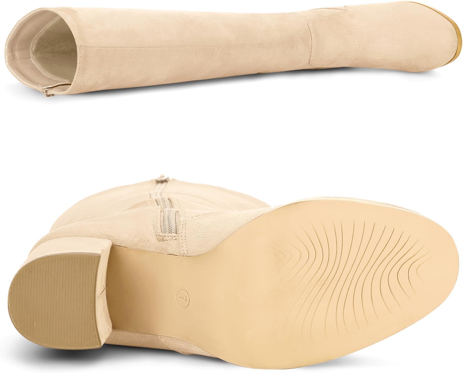 Allegra K Women's Side Zipper Chunky Heel Knee High Beige Boots 9 M US - - Image 5