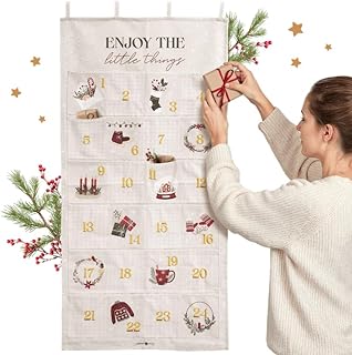 Lebenskompass® Adventskalender zum Befüllen aus Stoff - Wandteppich mit 24 große Taschen - Stilvoller Wandkalender Weihnachten – Wandbehang zum Selbstbefüllen - Wiederverwendbarer Leinen Kalender