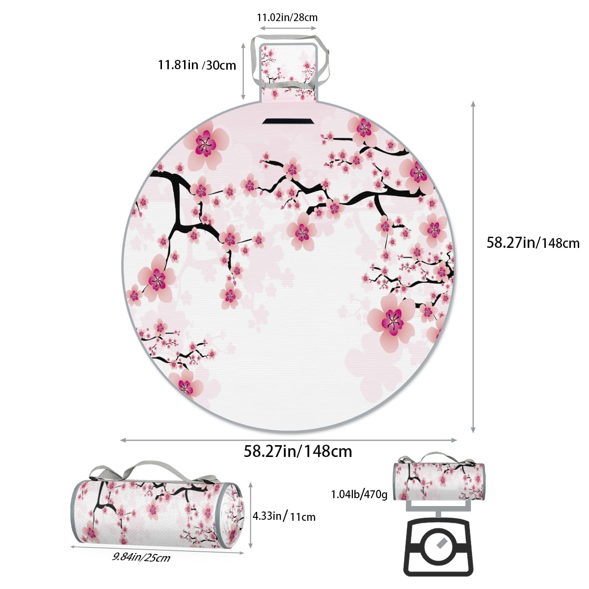 Shimoshe Flowering Cherry Blossoms Picnic Outdoor Blanket Foldable Waterproof Sandproof Beach Blanket Portable Water-Resistant Round Picnic Mat for Travel Camping Park Lawn