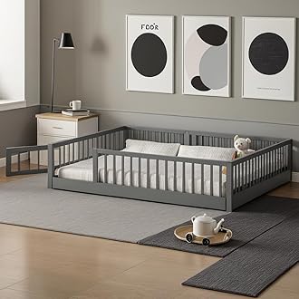 PVWIIK Full Size Montessori Floor Bed Frame with Convertible Door & Wood Slats for Kids,Wood Montessori Bed with Safety Guardrails for Girls & Boys,Grey