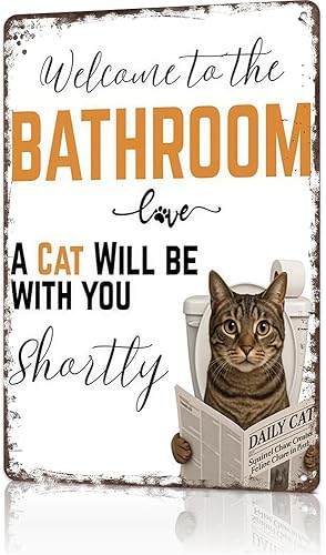 Letrero vintage con texto en inglés "A Cat Will Be With You Shortly", placa de pared de aluminio retro para decoración de baño, 8 x 12 pulgadas