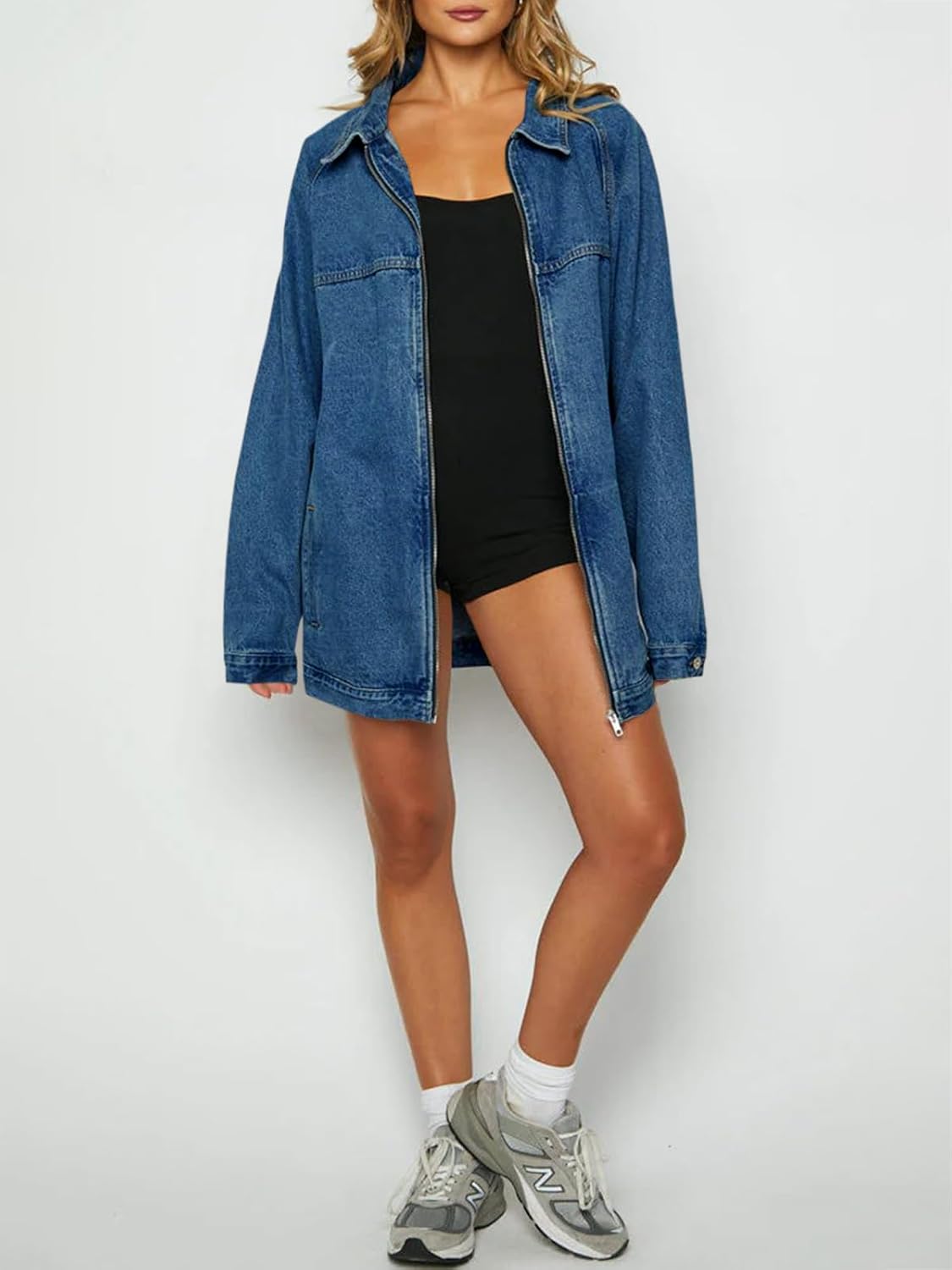 Tankaneo Womens Oversized Denim Jackets Casual Zip up Spring Long Sleeve Jean Jacket with Pocket - Image 5