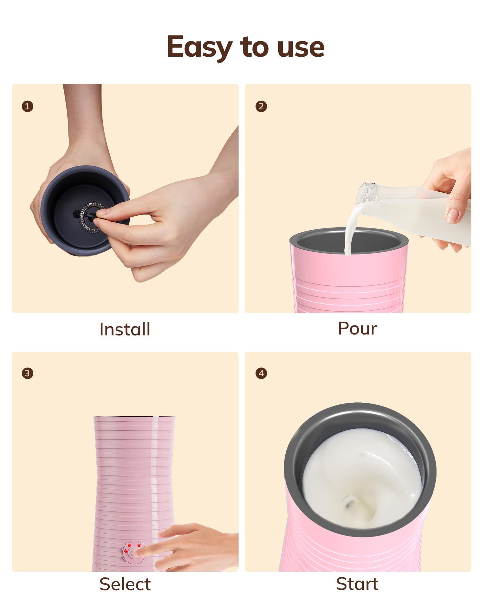 Espumador de Leche Eléctrico​4 en 1, Morpilot ​​Calentador de Leche​​ para Espuma Fría/Caliente, Ideal para Cappuccino, Latte y Leche Caliente, 240ml, Rosa