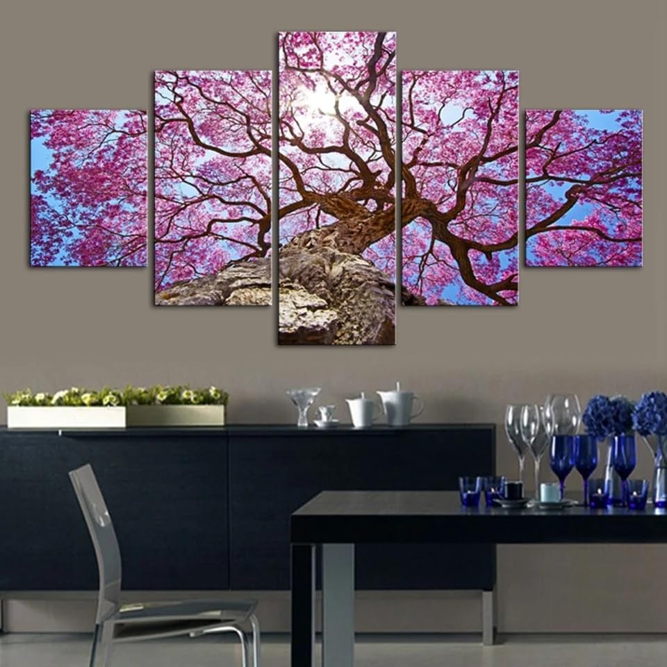 Tableau décohémisalon moderne grand format 5 pièces cerisier rose zen