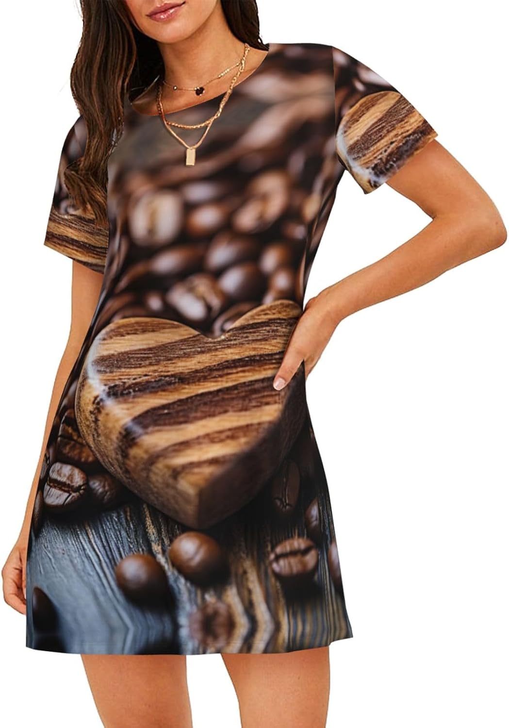 Coffee Beans Shaped in Heart Print Sleep Shirts for Women Short Sleeve Night Shirts for Sleeping Pullover Nightgown
