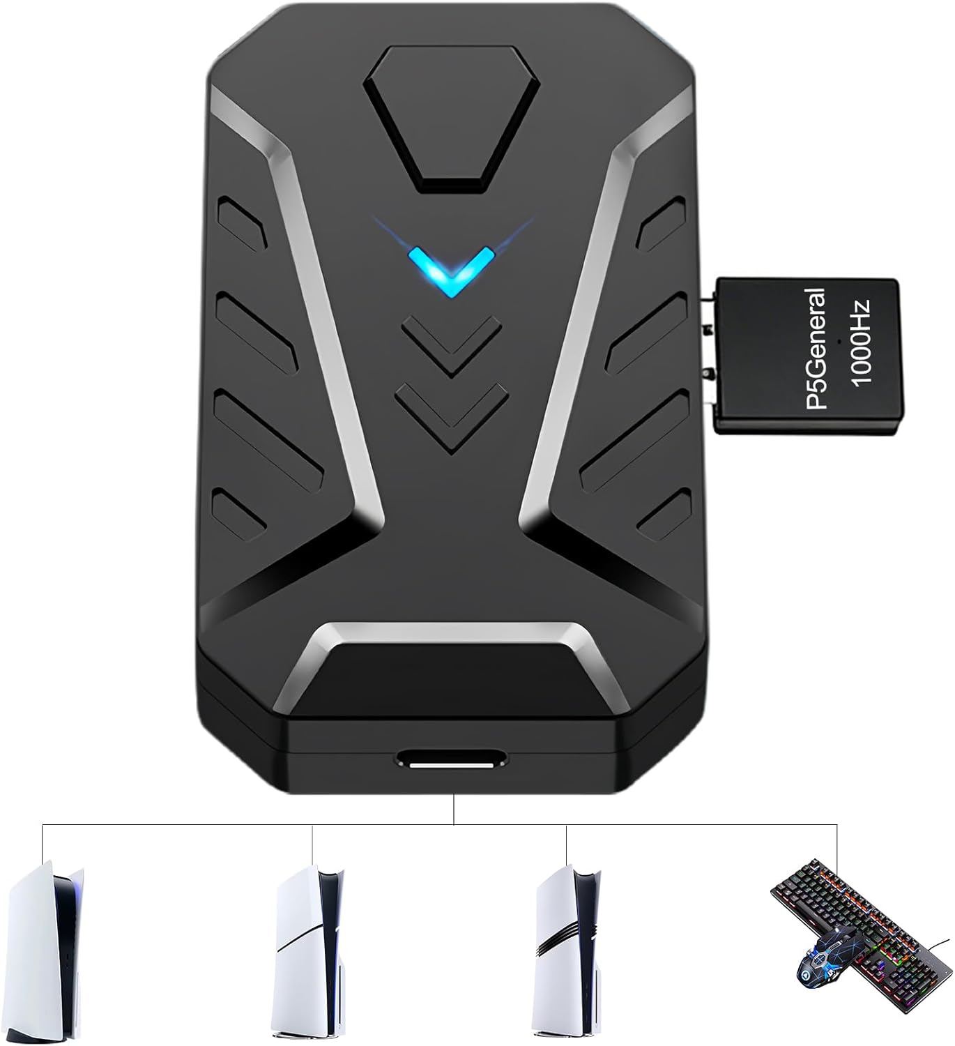 Keyboard and Mouse Adapter for PS5/PS5 Slim/PS5 Pro with P5 General Adapter, 1000Hz Ultra-Low Lag Console Converter for PlayStation 5 Supports Adjust Mouse Sensitivity, Change Default Key, Plug & Play
