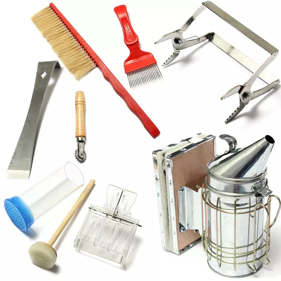 Bienenzucht Werkzeug Set Silber+Rot Edelstahl Beekeeper Imker mit Bienenbürste und Königin Markierung Käfig mit Kolben, Smokerimkerei Bienen Smoker Imkerei Imkereibedarf for Bienen Volk