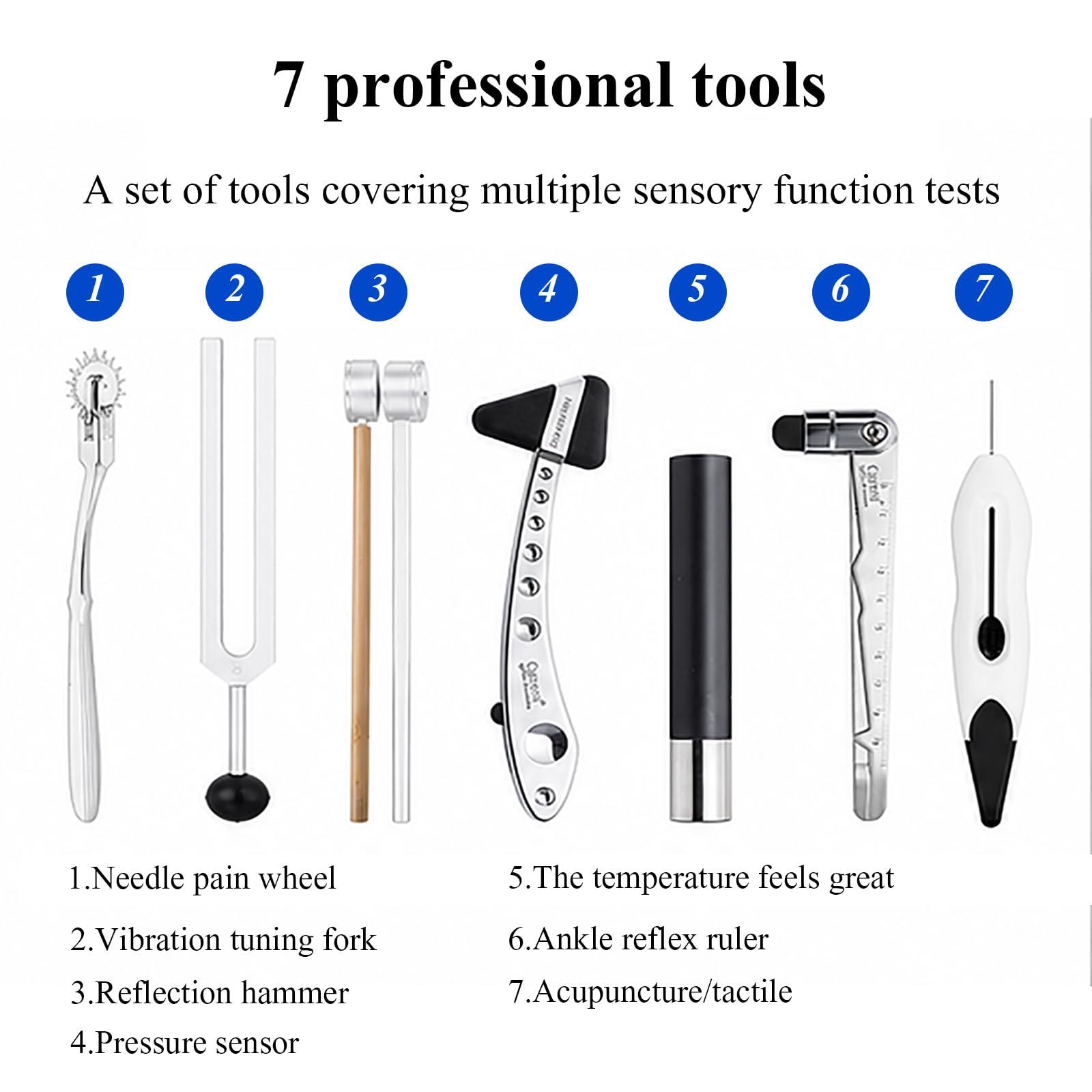 DPN Diagnostic Neurological Examination Kit, 7-teiliges Testset Für Periphere Neuropathie Für Diabetikerfuß-Screening, Nadelstich-, Berührungs-, Temperatur-, Vibrations- Und Reflextests