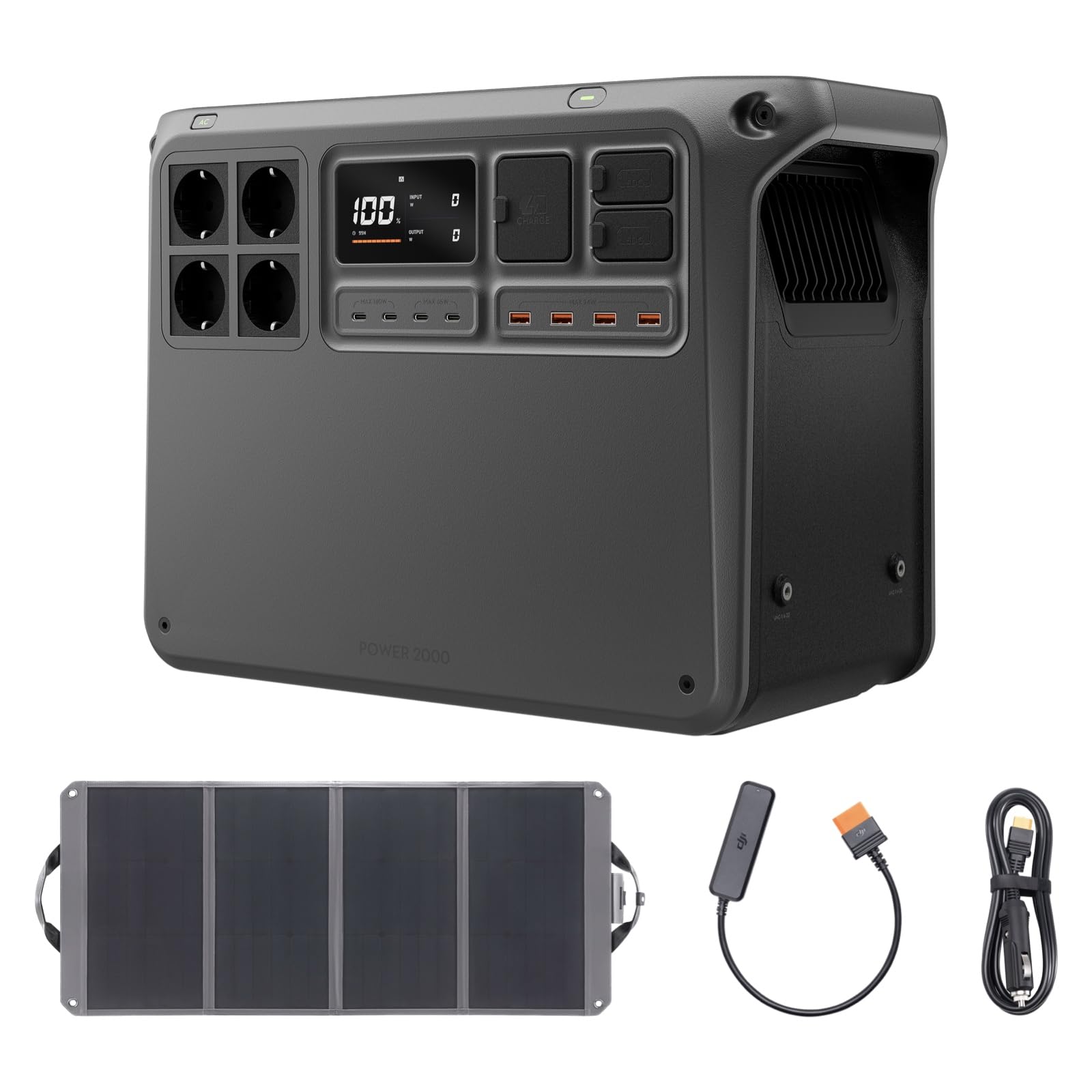 DJI Power 2000 Station électrique portable, batterie LFP de 2 048 Wh, sortie de 3 000 W, recharge de 0 à 80% en 45 min, format compact, panneau solaire 120 W, camping-car, toits, pour l’extérieur