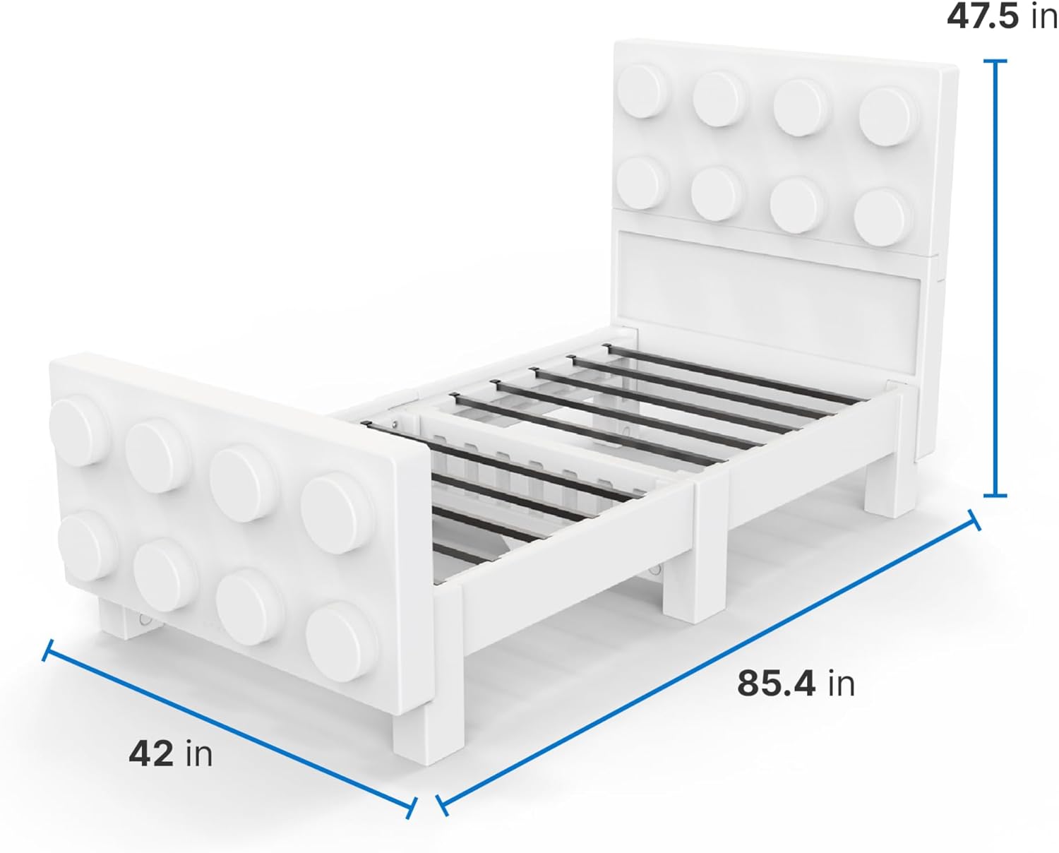 Step2 Contemporary Builders Twin Bed Kids Twin Bed Frame, Modern Block Design, Durable, Easy to Assemble Steel Slats, No Box Spring Needed, White