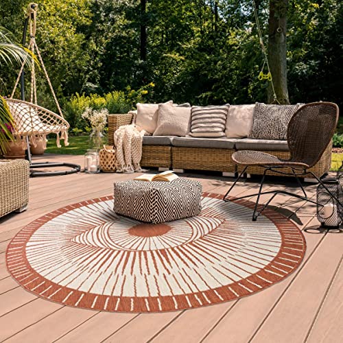 Tapis extérieur terrasse marron rond 160cm motif graphique 6362 - 3