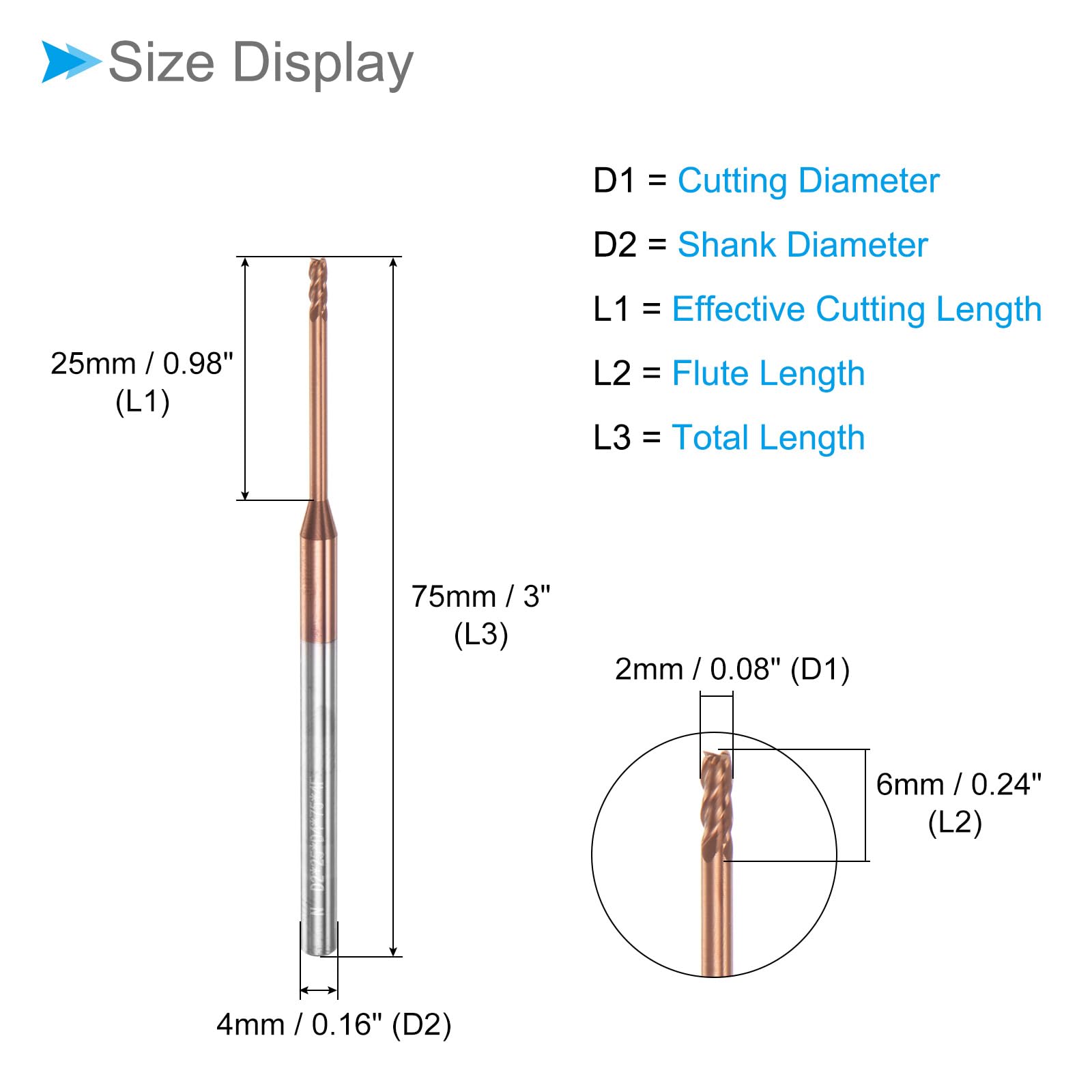 Fresa A Punta Quadra CNC - Diametro 0,5mm, Taglio 2mm, Rivestimento Titanio, Per Acciaio E Metalli - Foto 3