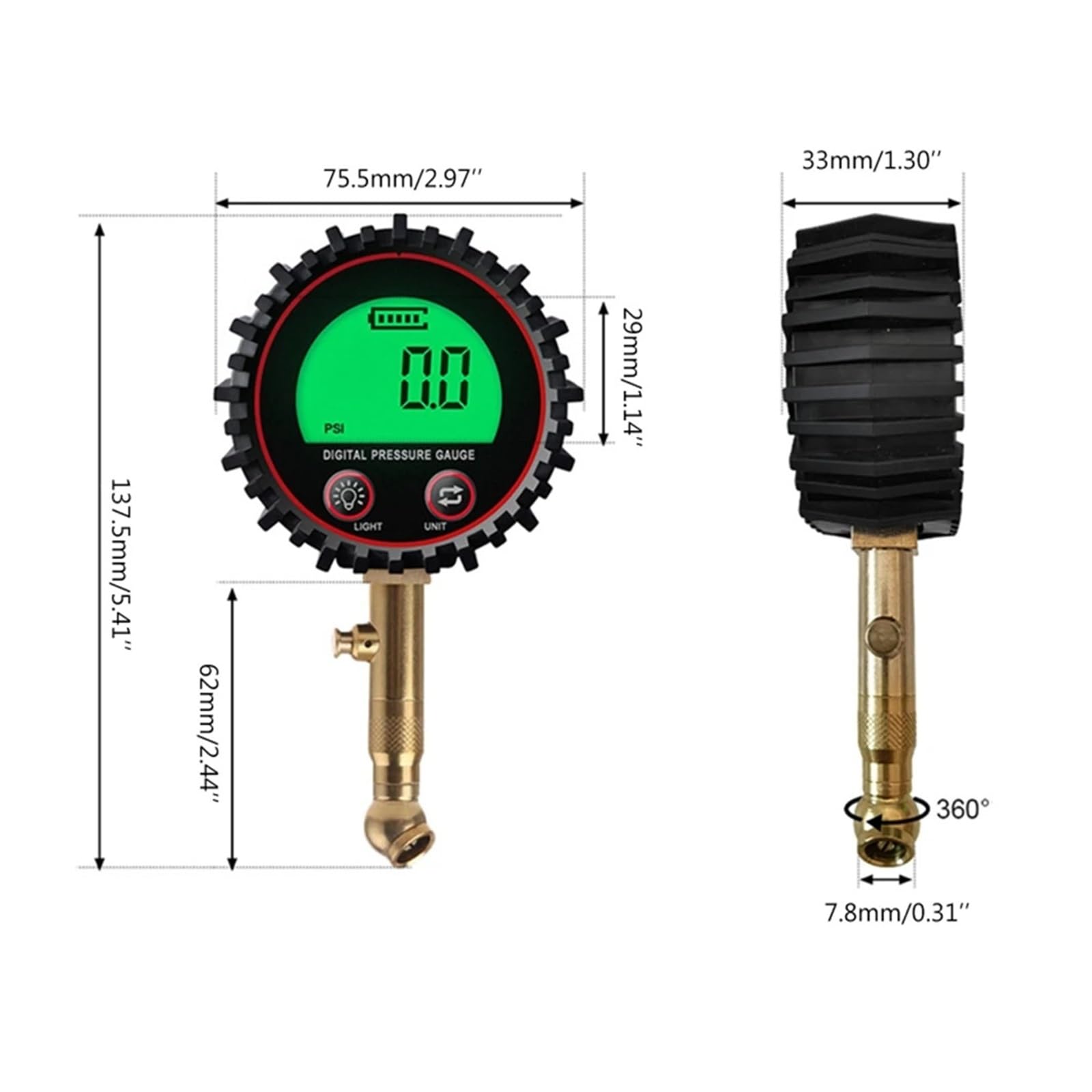 Cyfrowy manometr do opon A96E cyfrowy manometr do opon, uchwyt pneumatyczny i akcesoria do sprężarek, wyświetlacz L+C+D, projektor L+E+D Solidny, 255 psi