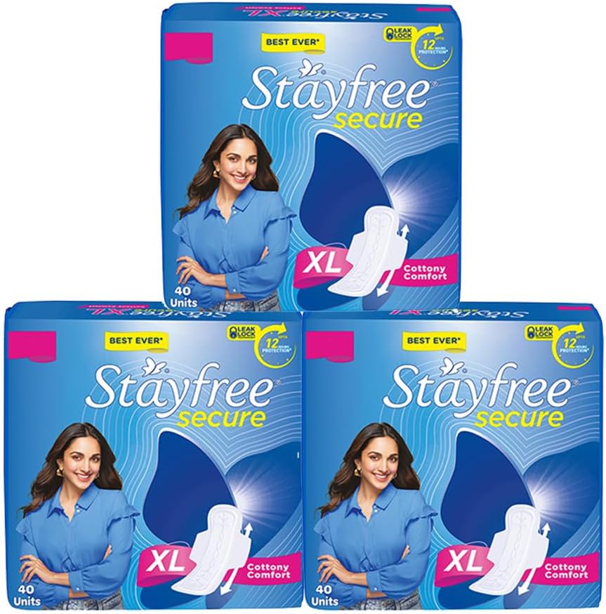 Stayfree Secure xl | Combo packs 120 Pads | Cottony Soft Sanitary Pads for Women | with Leak Lock Technology | Odour Control | Absorbs upto 100% Fluid | Up to 12 Hours of Protection |