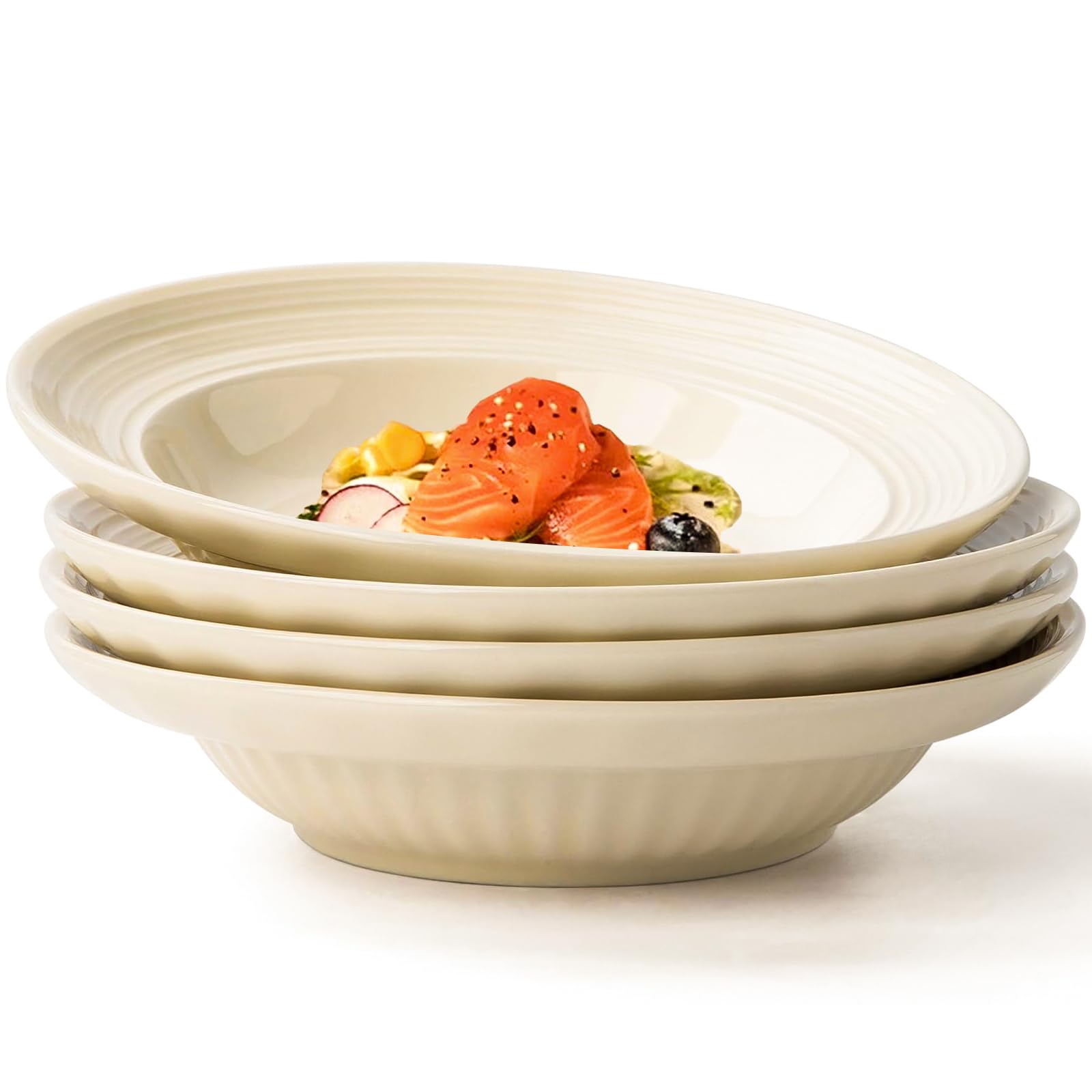 DXQCHDUO Ceramic Salad Bowl Set of 4, Pasta Bowls with Textured Wide Rim 8 inch Soup Bowls Deep Plates for Dessert Salad Cereal (Beige)