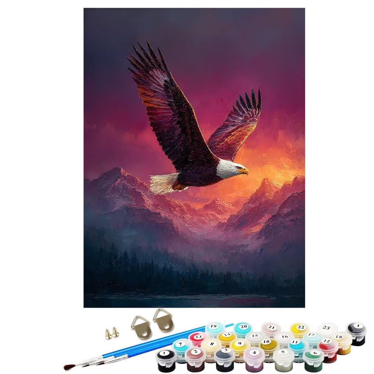 Landschaft Adler Malen Nach Zahlen Erwachsene, Paint by Numbers Adult Anfänger Set, Heimwerk Malen Nach Zahlen Kinder Mit Rahmen, 3 Pinsel und 36 Acrylfarbe Als für Deko Wohnzimmer 60 x 80 cm BJHDK566