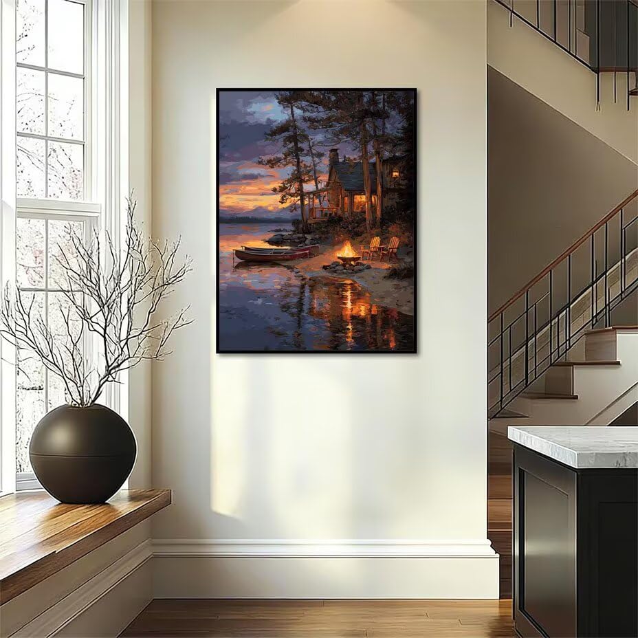 Pintar por números adultos sin estrés: cuadro de cabañas de madera 80x100cm fácil de pintar 4