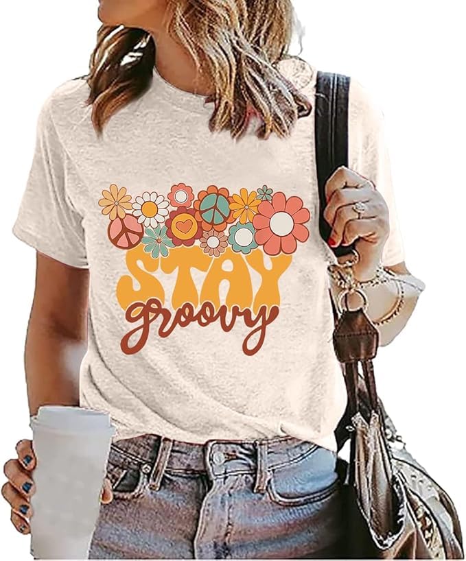 Retro Stay Groovy Shirt Women Floral Graphic Tee Hippie Vintage 70s Disco Peace Casual Short Sleeve Top2