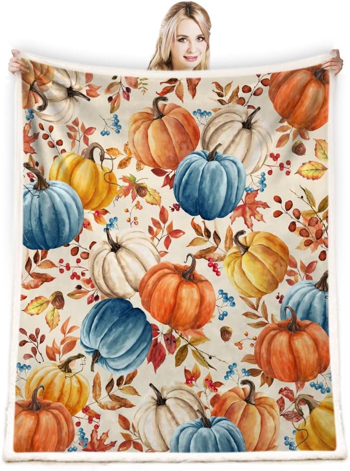 Fall Pumpkins Throw Blanket, Autumn Orange White Blue Pumpkins Leaves and Berries Soft Warm Fleece Blanket for Living Room Couch Bed Chair or Dorm, 50"x60" - Image 4