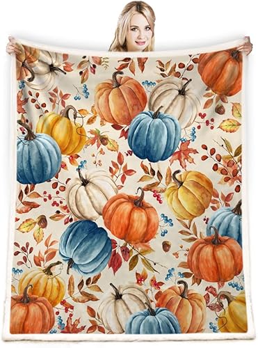 Miniatura 4 de Manta de calabazas de otoño, naranja, blanco, azul, calabazas, hojas y bayas, suave y cálida manta de forro polar para sala de estar, sofá, cama,