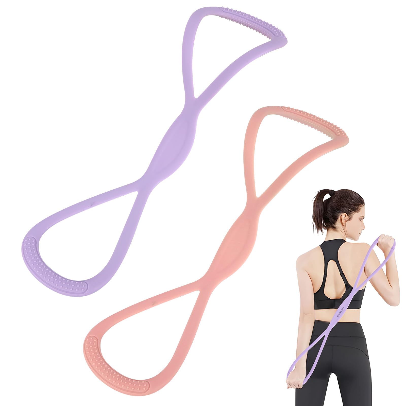 2pcs Figure 8 Exercise Resistance Bands, Silicone Pink Purple Home Workout Resistance Elastic Arm Bands with Handles for Gym Yoga Back Shoulder Fitness Stretch Equipment(15LB/6,8KG, 25LB/11,34KG)
