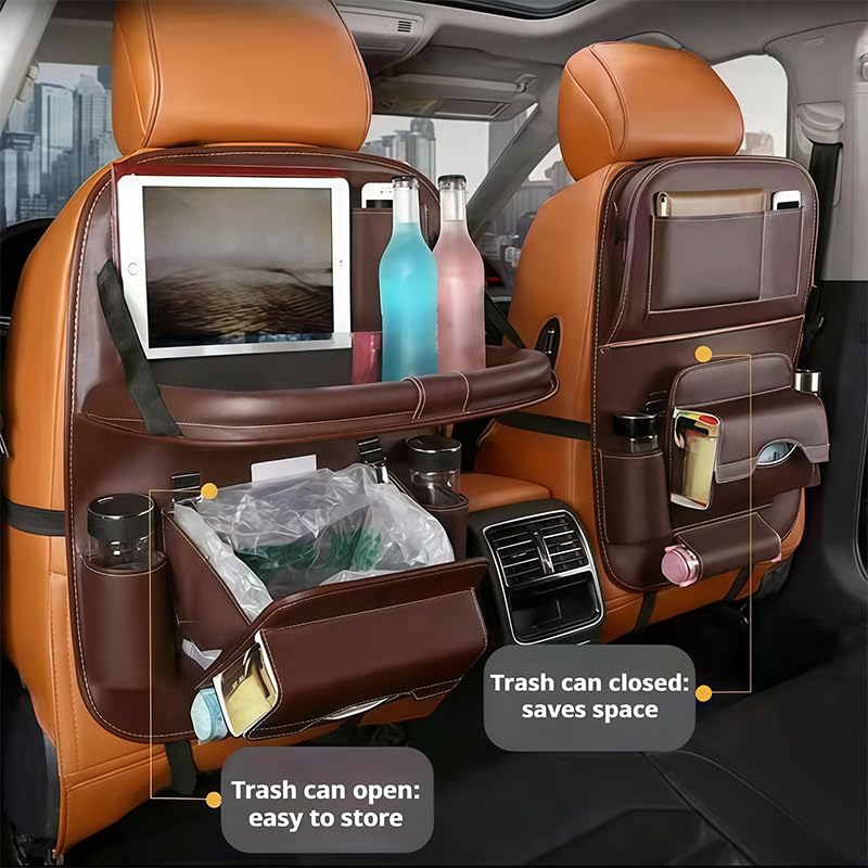 Organisateur de Siège Voiture pour Hongqi EH7 2024-2026, Lot de 2 Sac de Rangement Dossier en Cuir avec Table, Support Boîte Mouchoirs Porte Parapluie,Coffee