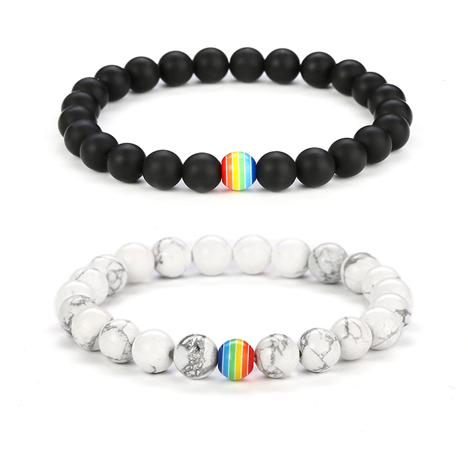 CaiyaoLGBT Natural Stone Bead Stretchy String Lesbian Gay Pride Bracelet Handmade Adjustable Rainbow Gemstone Seed for Men Women Girl Boy Teen Friend LGBTQ Friendship Jewelry Birthday Gift