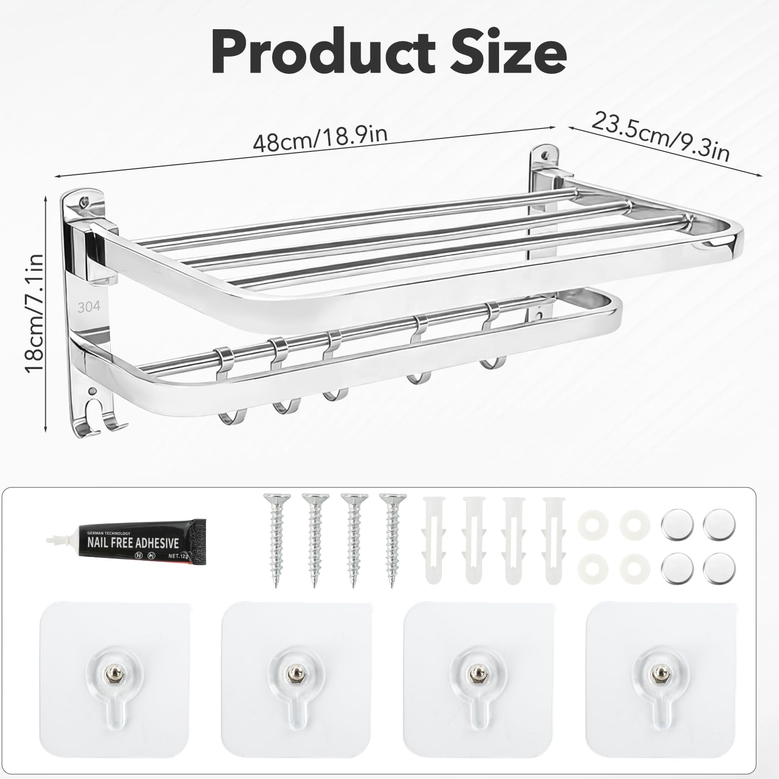 Portasciugamani pieghevole a 90° da parete autoadesivo con 5 ganci, portasciugamani a 2 piani in acciaio inox, mensola da bagno con doppia asta (50 cm)