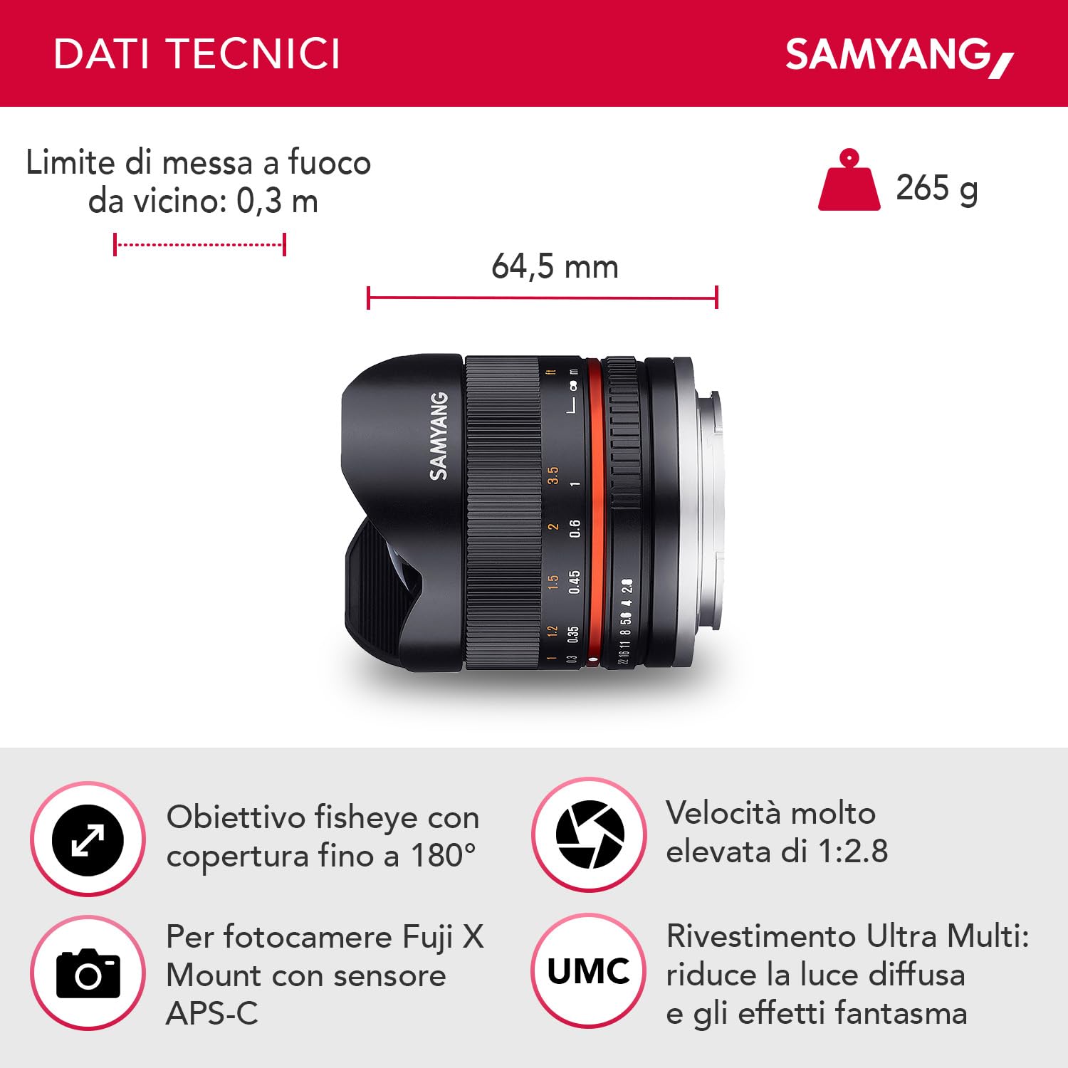 Lente fisheye Samyang 8mm F2.8 X Mount Nero - Dettaglio