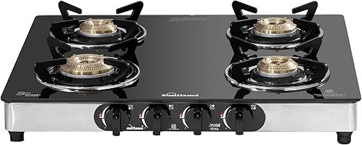 Sunflame Crystal Nova 4 Burner Gas Stove | Dual Drip Trays | 1 Jumbo, 1 Medium and 2 Small Brass Burners | 2 Year Product Coverage by Sunflame |…