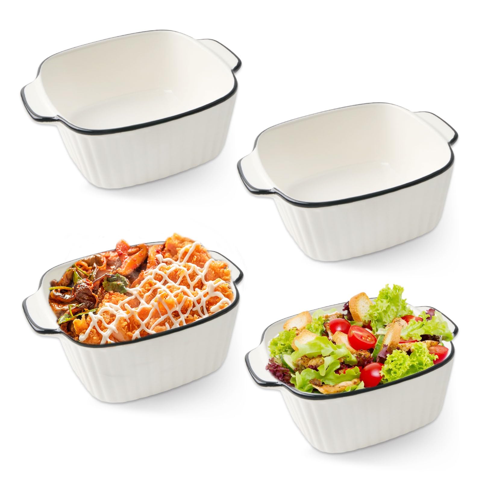 4er Auflaufform mit Griffen 400ML Auflaufformen Kleine Keramikm Backform Weiß Grillpfanne Ofenform Schälchen Förmchen für Backofen Lasagne, Gratin, Pasta, Desserts