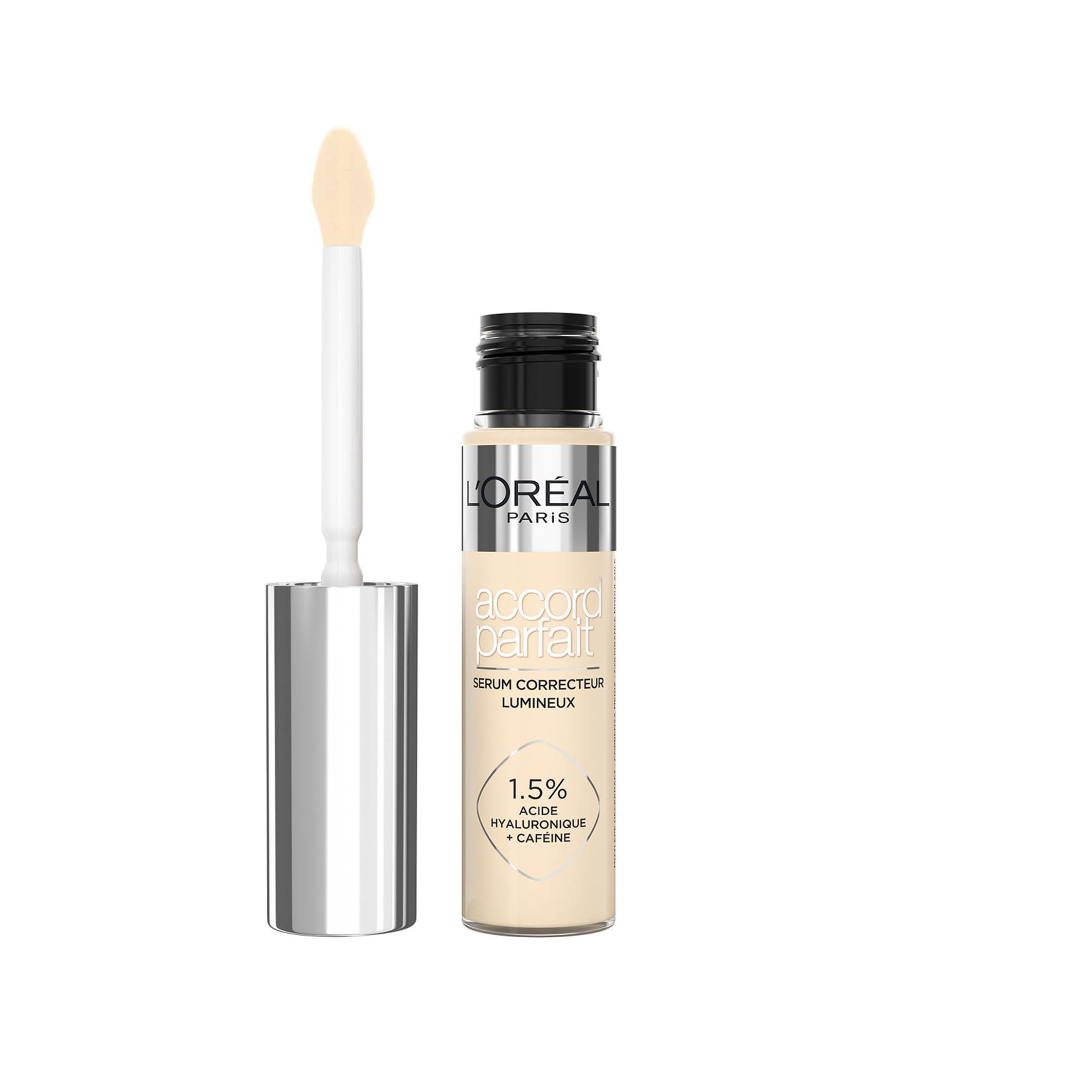 L'Oréal Paris Sérum Corrector Iluminador, Cobertura Media, Acabado Radiante, con 1,5% Ácido Hialurónico y Cafeína, Accord Parfait, Tono 0.5D, 10ml