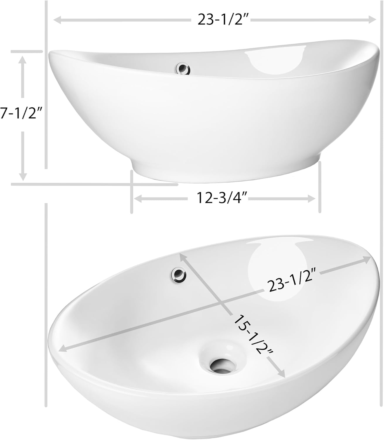 Miligoré 23" x 15" Oval White Ceramic Vessel Sink - Modern Egg Shape Above Counter Bathroom Vanity Bowl
