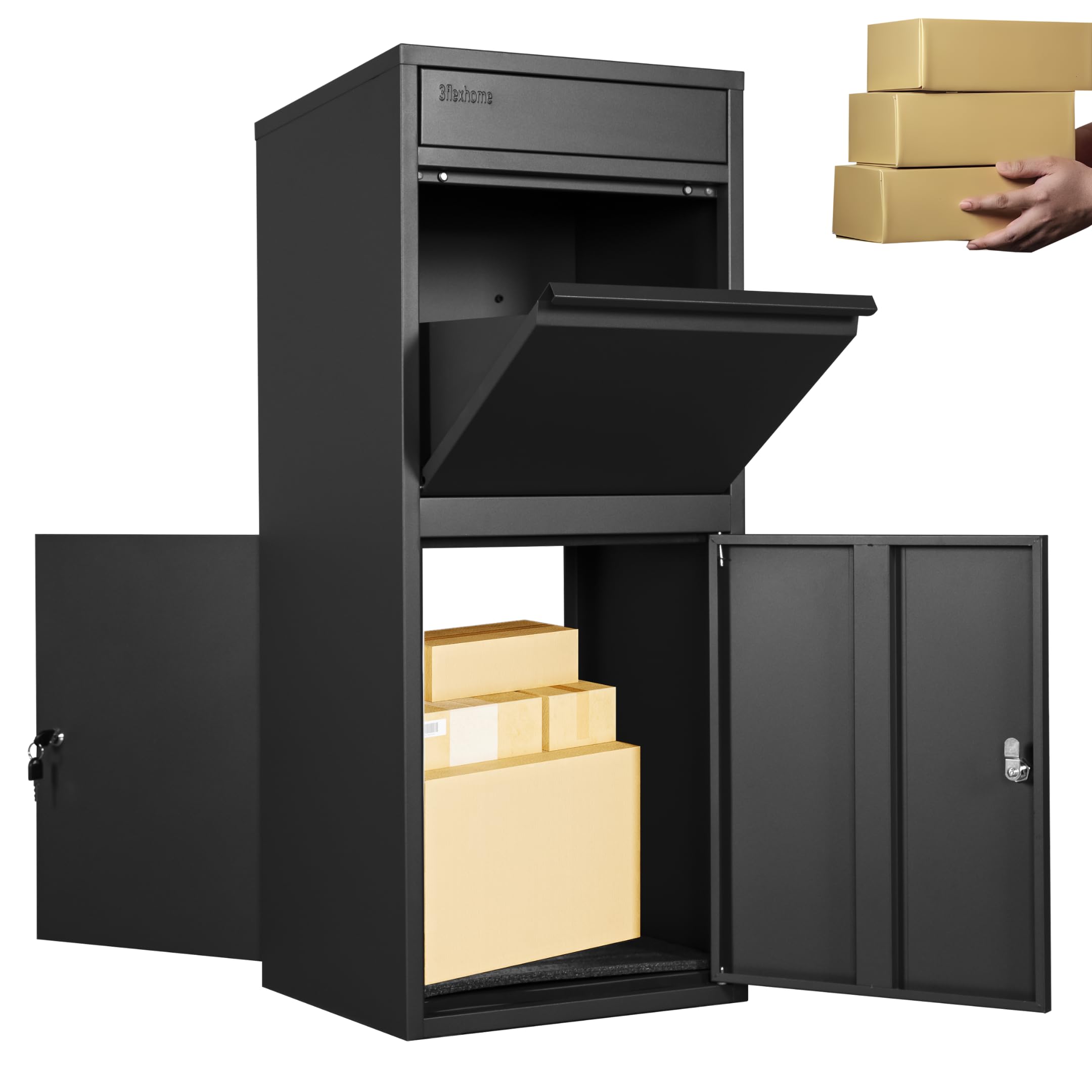 3Flexhome Black Extra Large Parcel Delivery Box With Secure Rear & Front Access - Large Parcel Drop Box, Lockable Outdoor Delivery Box, Durable Weatherproof Parcel Drop Box For Multiple Packages (Black)