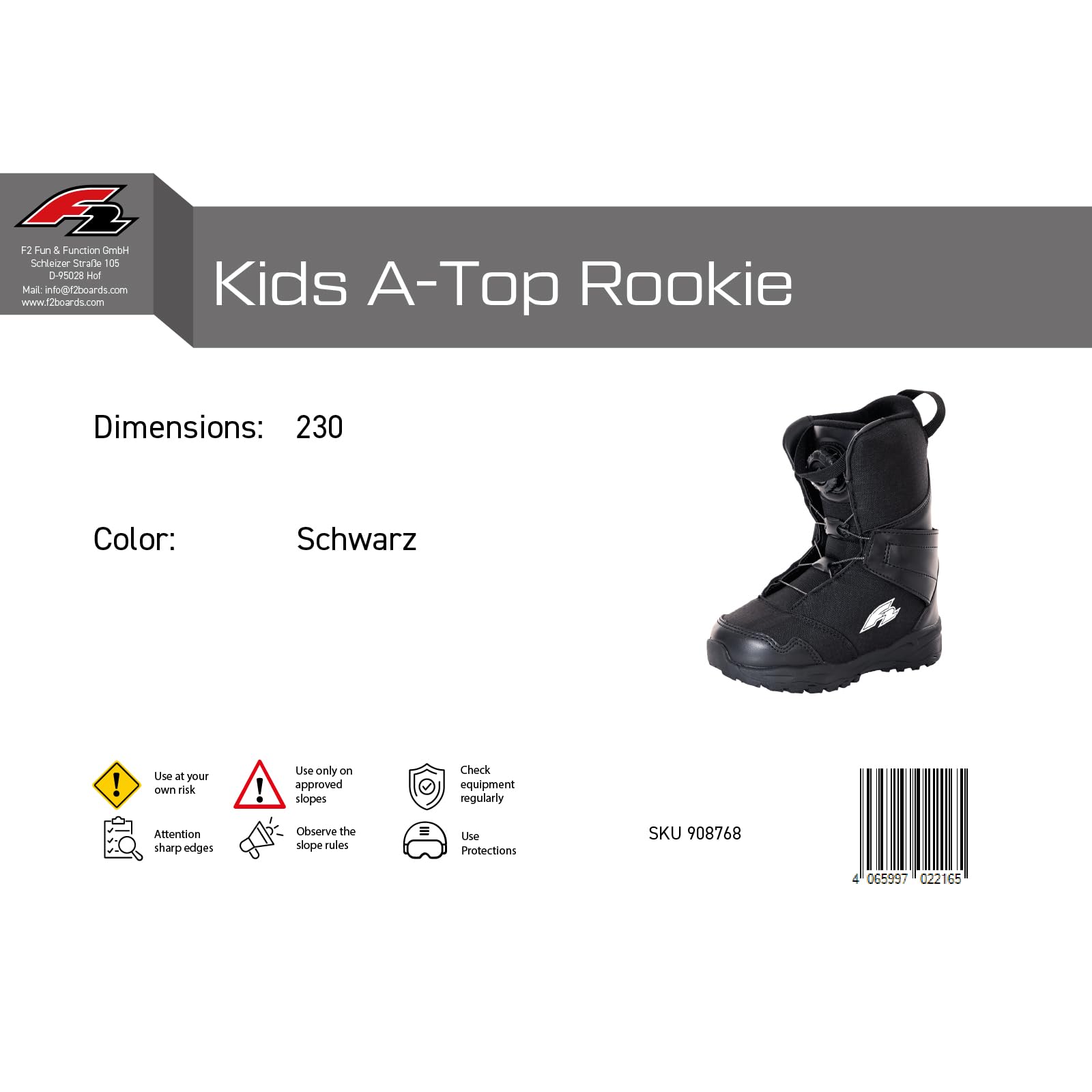 F2 Junior Snowboard Boots Kids ATOP - Rookie Größe wählbar Schwarz