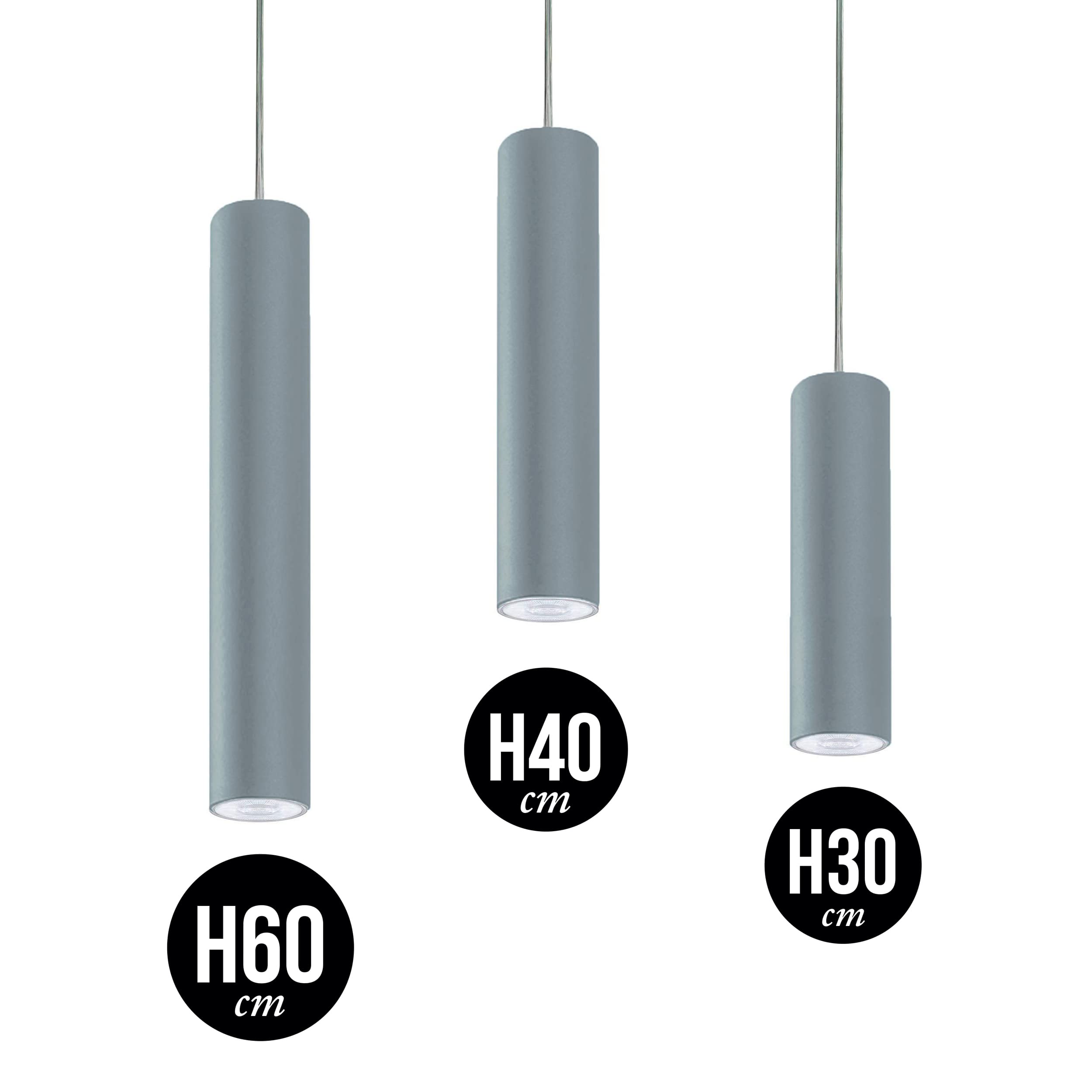 L+ Lampa wisząca „GU10” – cylindryczna, metalowa – wysokość H40cm – regulowany przewód 120 cm – Made in Italy – nowoczesna lampa punktowa do kuchni i salonu (Szary)