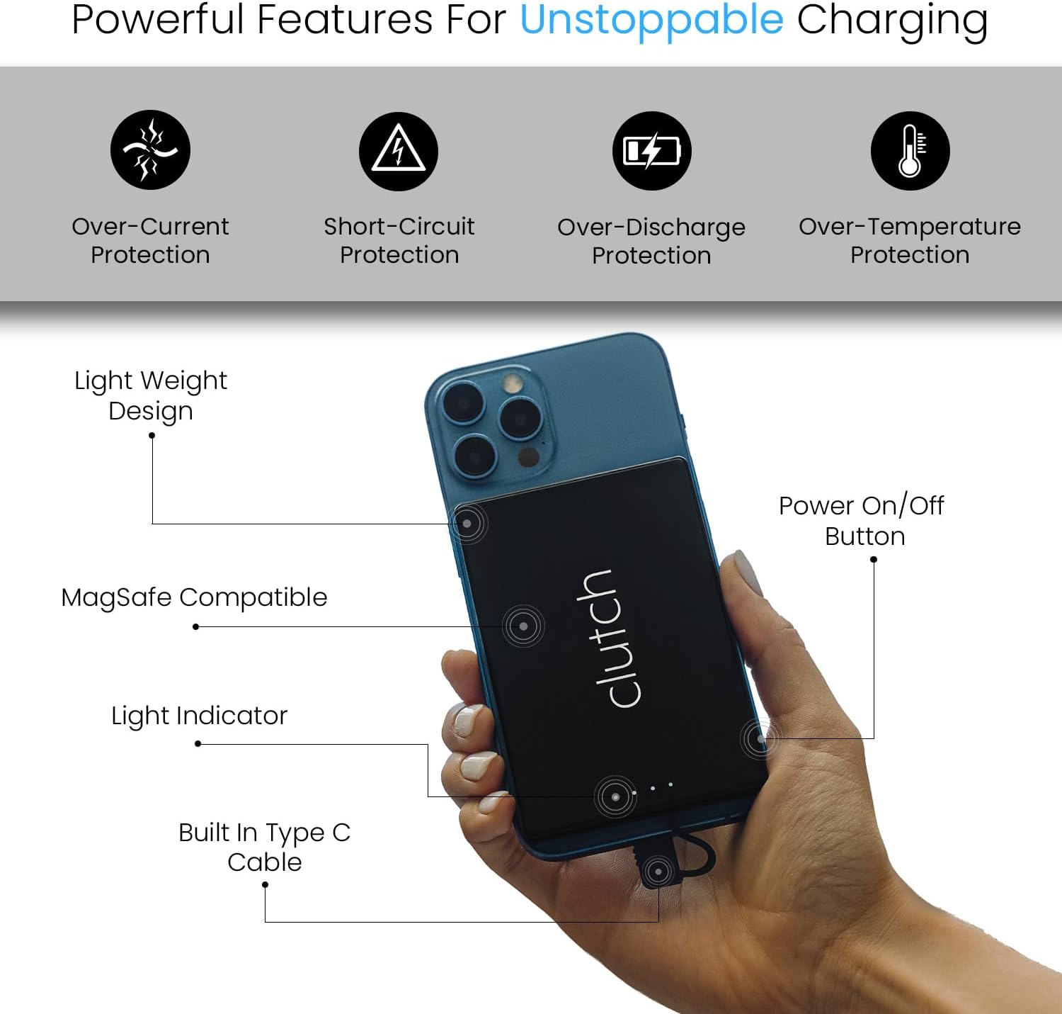 Clutch Pro – World's Thinnest Portable Charger – USB-C Power Bank 5000mAh – Magnetic Built-in Cable – TSA Approved Travel Charger – iPhone 15/16/17 & Android – Black - Image 4