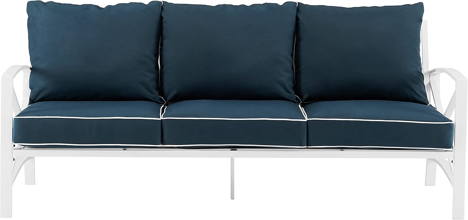 Crosley Furniture Kaplan Outdoor Sofa with Steel Frame, 3-Person Patio Couch for Porch, Deck, Backyard, White with Navy Cushions