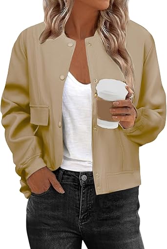 Women Bomber Jacket Casual Button Down Varsity Jackets Shackets Long Sleeve Cropped Coat with Pockets Outwear 2025