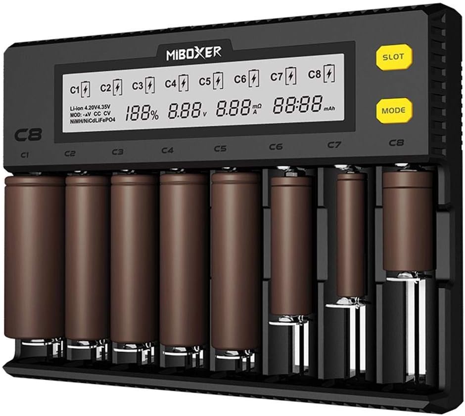 8 Slots Battery Charger Universal Intelligent Auto LCD Display for 18650 Li-ion Ni-MH Ni-Cd AA AAA AAAA C 18700 21700 20700 22650 18490 18350 RCR123 Fire Prevention Material