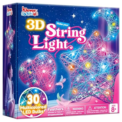 Klever Kits Kit de arte con cuerdas en 3D para niños de 8, 9, 10, 11 y 12 años, manualidades, juego de manualidades con farolillos para niñas, juguete con luces de cadena, regalos de cumpleaños