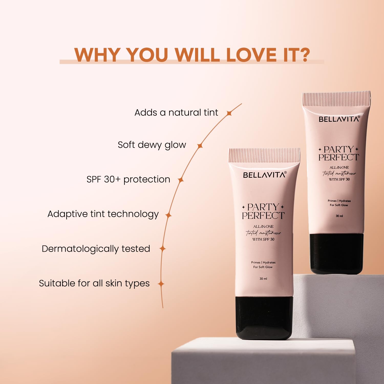 BELLAVITA Party Perfect All-in-one Tinted Moisturizer with SPF 30 | Hydrating Skin Tint, Face Primer & Sunscreen | Lightweight Formula with Adaptive Tint for Natural, Dewy Glow | 30ml (Medium Shade) - Image 8 thumbnail