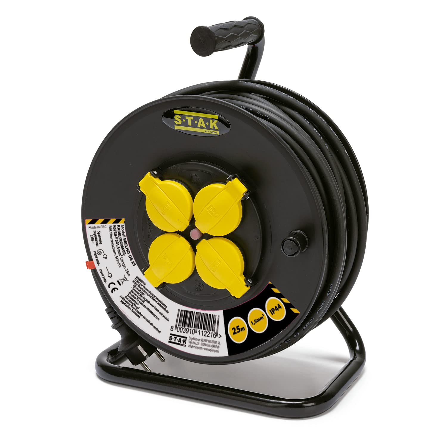 Enrouleur de câble électrique professionnel, 4 prises et fiche Schuko, H07RN-F3G1.5MM2, 25M, GS (TUV), IP44.